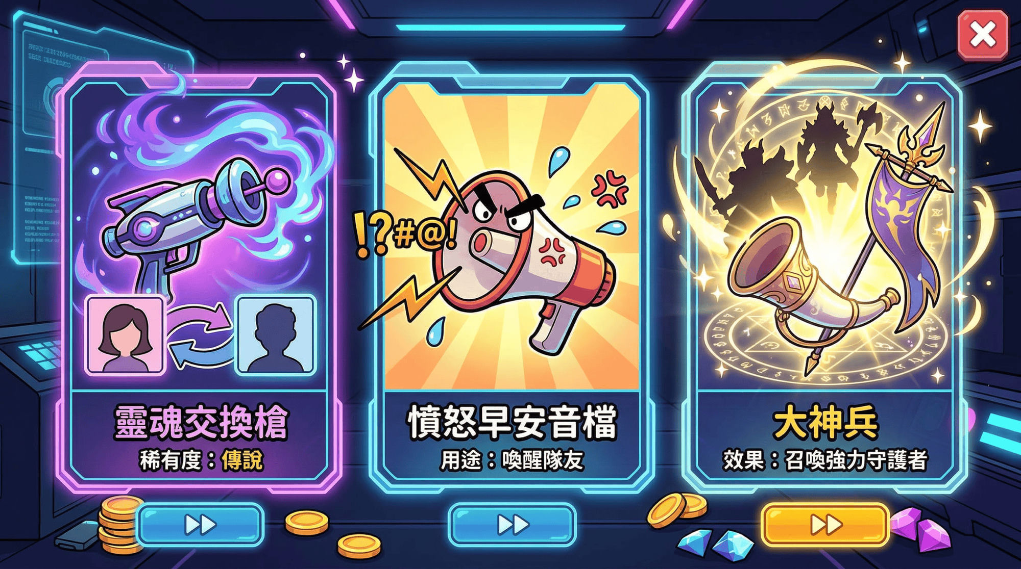 道具卡片一覽 — 靈魂交換槍、憤怒早安音檔、大神兵